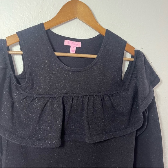 Lilly Pulitzer Burke Onyx Metallic Black Sweater Cold Shoulder Ruffle Top Size M - Picture 4 of 9